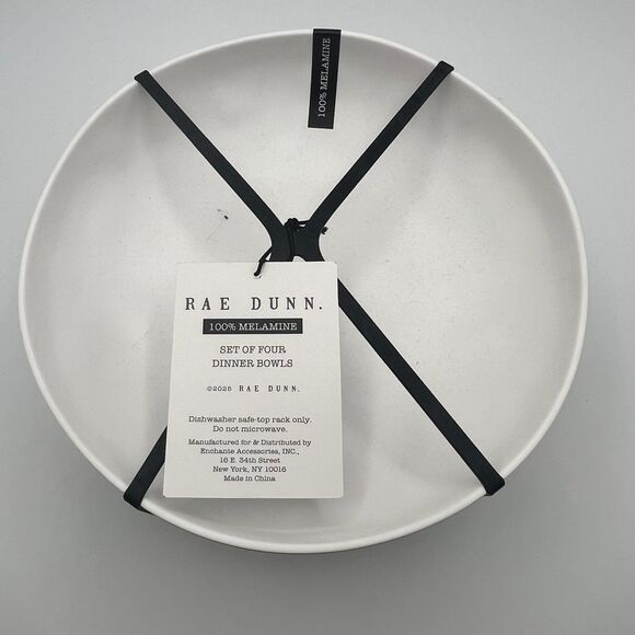 Rae Dunn HANGRY Melamine 9In Dinner Bowls White Black Set of 4 - Picture 6 of 7